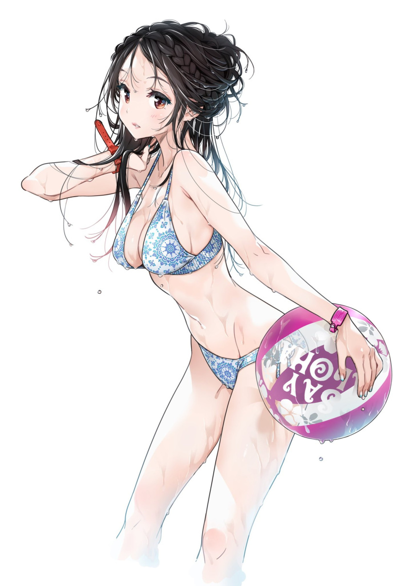 1girl ball beachball bikini black_hair blue_bikini blush braid breasts brown_eyes cleavage collarbone commentary_request dripping green_nails highres holding holding_ball holding_hair kanojo_okarishimasu knees long_hair looking_at_viewer medium_breasts messy_hair miyajima_reiji mizuhara_chizuru nail nail_polish navel neck patterned patterned_clothing sideboob swimsuit wet wristband