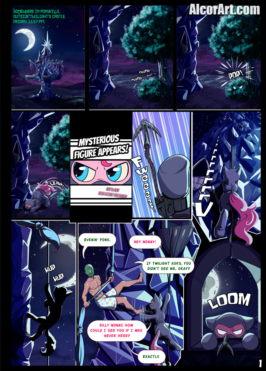 2022 alcor90 anon clothing comic conditional_dnp crescent_moon detailed_background dialogue digital_media_(artwork) duo english_text equid equine feral fingers friendship_is_magic grappling_hook hasbro hi_res human male mammal moon my_little_pony night pinkie_pie_(mlp) plant speech_bubble text tree