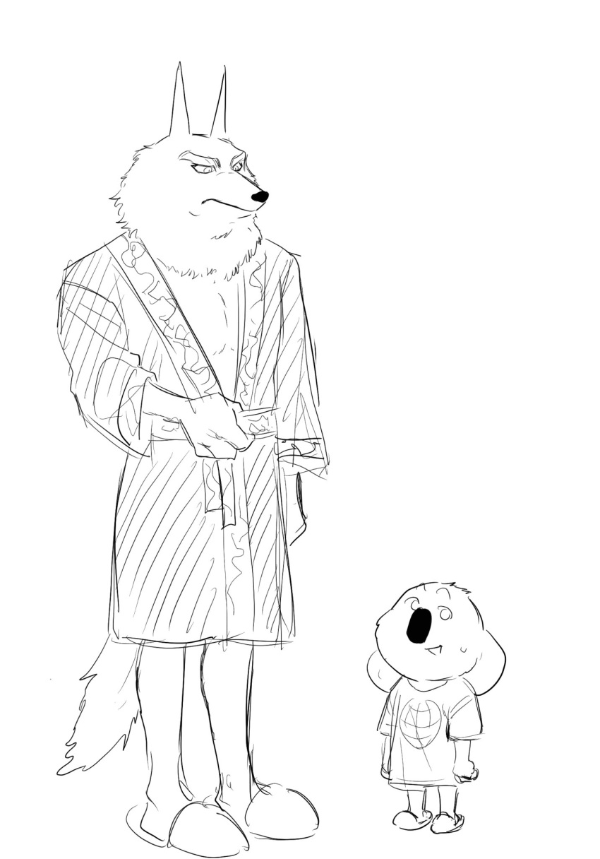anthro arctic_wolf black_and_white bottomless buster_moon canid canine canis clothed clothing duo eggbear_19 hi_res illumination_entertainment jimmy_crystal male mammal monochrome robe shirt simple_background sing_(movie) slippers topwear topwear_only white_background wolf