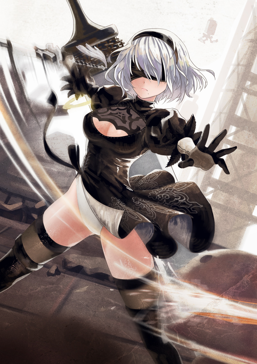 1girl absurdres black_blindfold black_dress black_gloves black_hair black_legwear blindfold boots breasts cleavage cleavage_cutout clothes_lift clothing_cutout dress dress_lift facing_viewer feather-trimmed_sleeves fighting floating floating_object floating_sword floating_weapon frown gloves highres holding holding_sword holding_weapon juliet_sleeves kai_ai katana large_breasts leotard long_bangs long_sleeves machine_(nier) mole mole_under_mouth nier_(series) nier_automata outstretched_arms pod_(nier_automata) puffy_sleeves ruins short_hair spread_legs swinging sword thigh_boots thighhighs thighhighs_under_boots thong_leotard weapon white_hair yorha_no._2_type_b