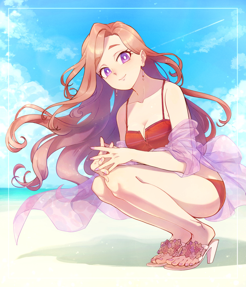 1girl absurdres aikatsu!_(series) beach bikini blush breasts bright_pupils brown_hair character_request cleavage closed_mouth collarbone day earrings eyebrows_visible_through_hair high_heels highres jewelry large_breasts long_hair looking_at_viewer outdoors purple_eyes purple_nails red_bikini smile solo squatting swimsuit very_long_hair white_footwear white_pupils yoshidanoe