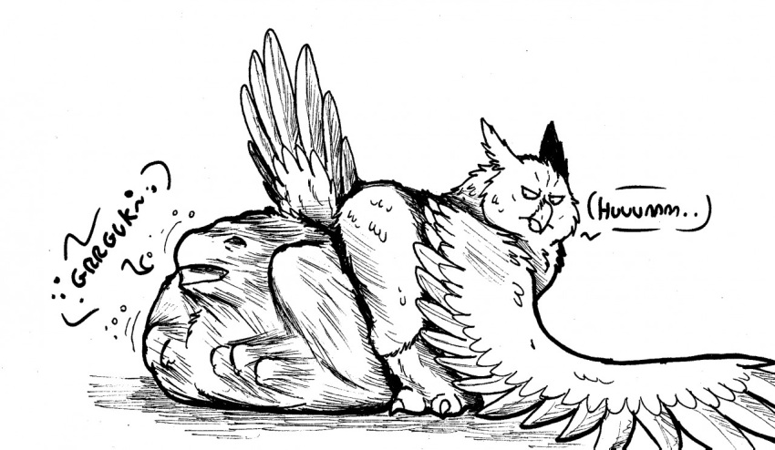 after_vore ambiguous_gender avian bird digestion duo feathers feral feral_pred monochrome owl raised_tail tail_feathers thatgryphonguy traditional_media_(artwork) unwilling_prey vore wings