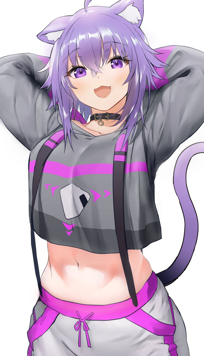 1girl :d absurdres animal_ears arms_behind_head black_choker black_jacket cat_ears cat_tail choker collarbone commentary_request eyebrows_visible_through_hair fang hair_between_eyes highres hololive jacket looking_at_viewer midriff navel nekomata_okayu purple_eyes purple_hair shino_(comic_penguin_club) short_hair simple_background smile solo tail virtual_youtuber white_background