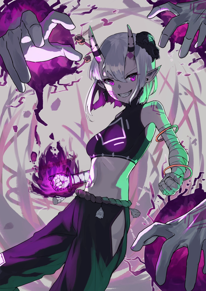 1girl 38_(sanjuuhachi) arm_wrap armlet bare_arms black_pants bracelet breasts colored_inner_hair commentary cowboy_shot crop_top disembodied_limb facial_mark grey_background grin highres hip_vent horn_bell horns jewelry linea_alba looking_at_viewer magic midriff multicolored_hair navel oni_horns original pants pointy_ears purple_eyes purple_hair purple_shirt shirt short_hair silver_hair sleeveless sleeveless_shirt small_breasts smile solo