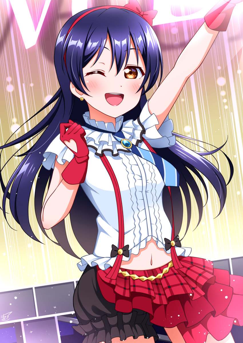 1girl absurdres bangs blue_hair blush bokura_wa_ima_no_naka_de clothing_cutout cowboy_shot earrings eyebrows_visible_through_hair fingerless_gloves gloves haruharo_(haruharo_7315) heart_cutout highres jewelry long_hair looking_at_viewer love_live! love_live!_school_idol_project navel one_eye_closed open_mouth outstretched_arm red_gloves short_sleeves skirt smile solo sonoda_umi swept_bangs yellow_eyes