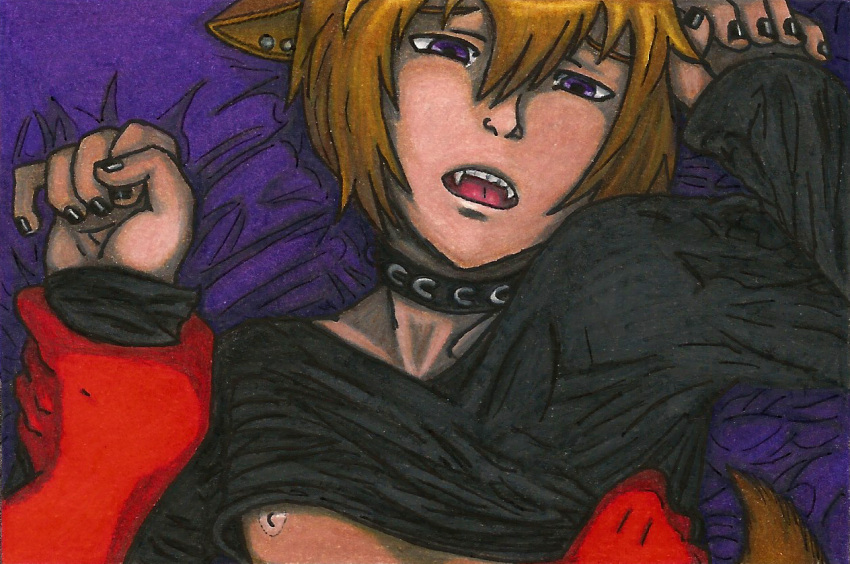 bed black_nails blond_fur blonde_hair blonde_highlights colored_nails dog_boy duo ear_piercing ears_down fangs_bared furniture hair highlights_(coloring) jewelry male male/male nails necklace nipples on_bed piercing pivoted_ears purple_sclera rhipbosswell submissive tail