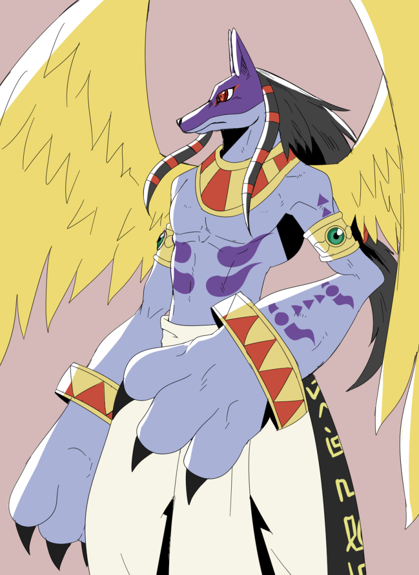 1:1 2022 3_fingers anthro anubismon arm_tattoo armband bandai_namco big_hands black_hair blue_body blue_fur chest_tattoo claws clothed clothing digimon digimon_(species) egyptian_clothing fingers fur hair hi_res looking_away male reagan700 red_eyes side_view solo standing tattoo wings wristband