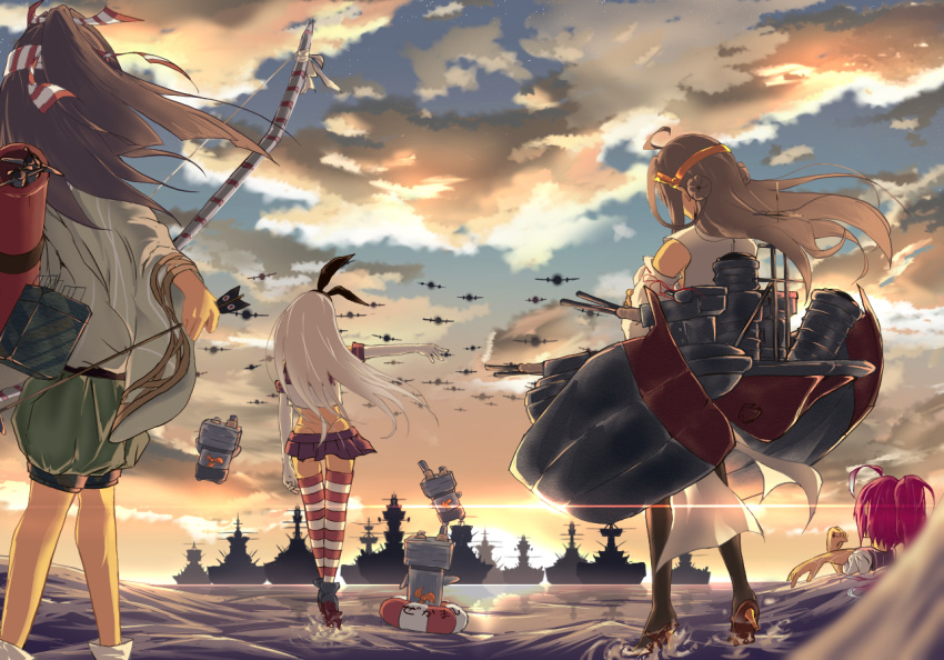 4girls ahoge aircraft airplane arrow_(projectile) black_ribbon blonde_hair bow_(weapon) brown_hair crop_top crossed_arms detached_sleeves double_bun elbow_gloves floating_hair from_behind gloves hair_ribbon hakama hakama_shorts headband headgear high_heels highleg highleg_panties holding holding_arrow holding_bow_(weapon) holding_weapon horizon i-168_(kancolle) japanese_clothes kantai_collection kimono kongou_(kancolle) long_hair machinery midriff military military_vehicle miniskirt multiple_girls nontraditional_miko outstretched_arm panties partially_submerged pink_hair ponytail reluvy remodel_(kantai_collection) rensouhou-chan ribbon rudder_footwear school_uniform shimakaze_(kancolle) ship shorts skirt sky standing standing_on_liquid stretch thighhighs underwear warship water watercraft weapon white_gloves wind yumi_(bow) zuihou_(kancolle)