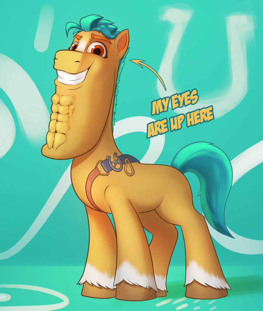 abs absurd_res big_chin cocaine_(artist) earth_pony equid equine eyebrows feral hasbro hi_res hitch_trailblazer_(mlp) hooves horse looking_at_viewer male mammal mlp_g5 my_little_pony my_little_pony:_tell_your_tale pony smile solo what what_has_magic_done where_is_your_god_now yellow_body