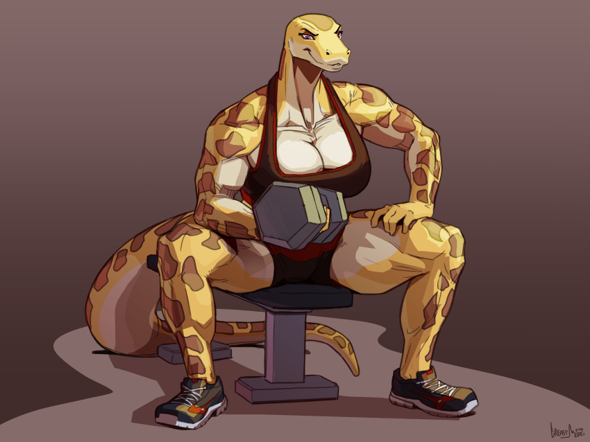 absurd_res anthro biped breasts clothing countershade_face countershade_tail countershade_torso countershading exercise female footwear greasymojo hi_res non-mammal_breasts plantigrade reptile scales scalie shoes snake solo spots spotted_body spotted_scales weightlifting workout