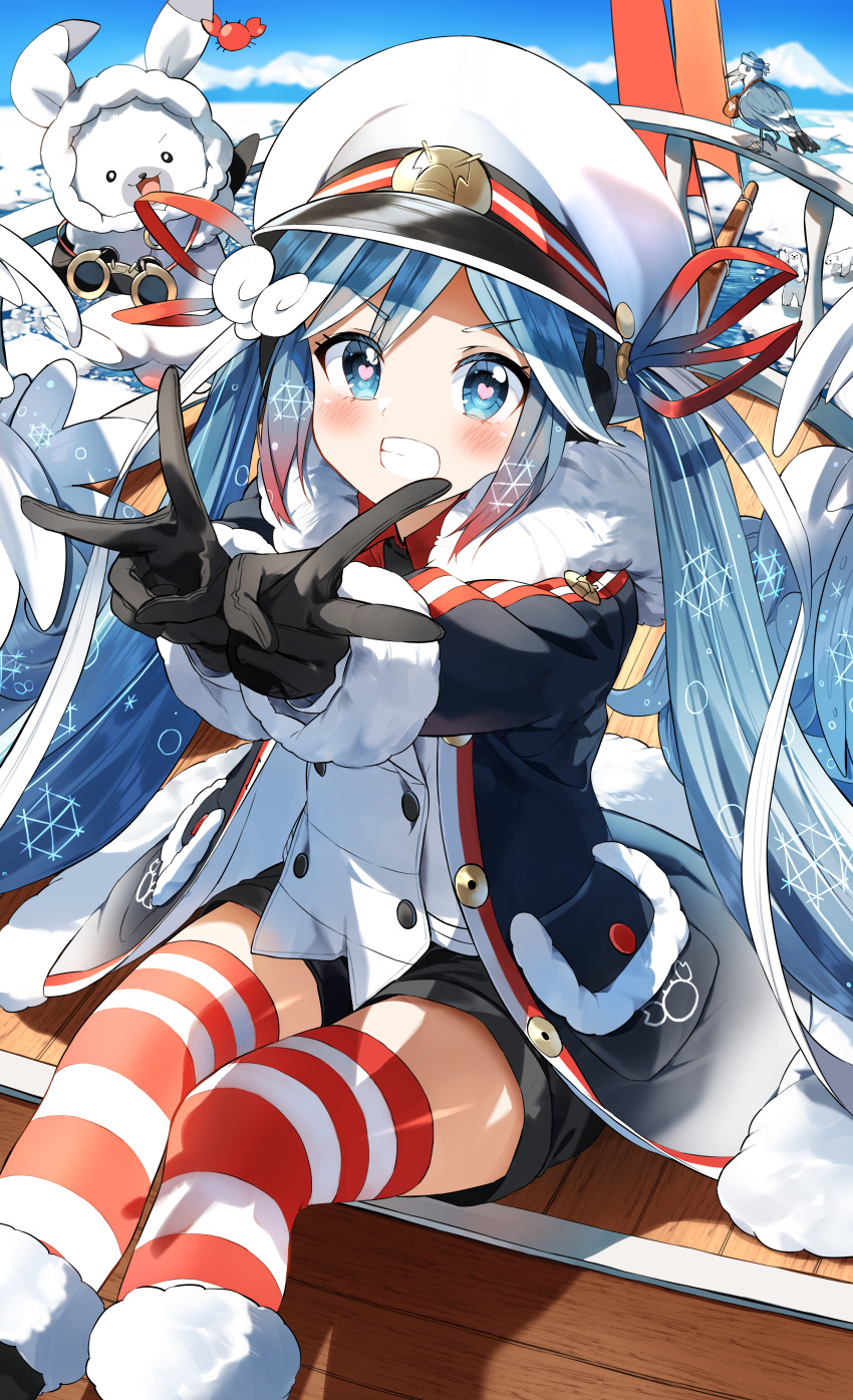 1girl absurdres animal bangs bear bird black_footwear black_gloves black_jacket black_shorts blue_eyes blue_hair blush boat boots clothed_animal commentary_request crab double_v eyebrows_visible_through_hair fur-trimmed_boots fur-trimmed_hood fur-trimmed_sleeves fur_trim gloves grin hat hatsune_miku heart heart-shaped_pupils highres hood ice jacket long_hair outstretched_arms peaked_cap pentagon_(railgun_ky1206) polar_bear rabbit_yukine short_shorts shorts sitting smile snowflake_print striped striped_legwear symbol-shaped_pupils thighhighs thighhighs_under_boots twintails v v-shaped_eyebrows very_long_hair vocaloid watercraft white_headwear yuki_miku yuki_miku_(2022)