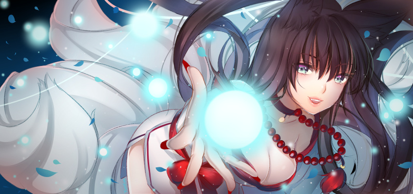 1girl animal_ears black_hair blue_eyes breasts cleavage collarbone eyebrows_visible_through_hair fang fox_ears fox_girl fox_tail highres large_breasts lips long_hair looking_at_viewer original parted_lips red_nails solo tail teeth upper_teeth yumyum