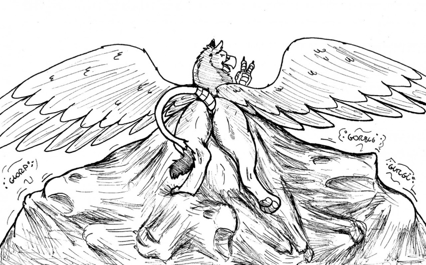 abdominal_bulge after_vore butt dragon_prey feral feral_pred feral_prey gesture group gryphon_pred gryphon_prey hindpaw jagg_(thatgryphonguy) looking_at_viewer lying male male_pred on_front onomatopoeia paws raised_tail sound_effects text thatgryphonguy traditional_media_(artwork) unwilling_prey v_sign vore wings