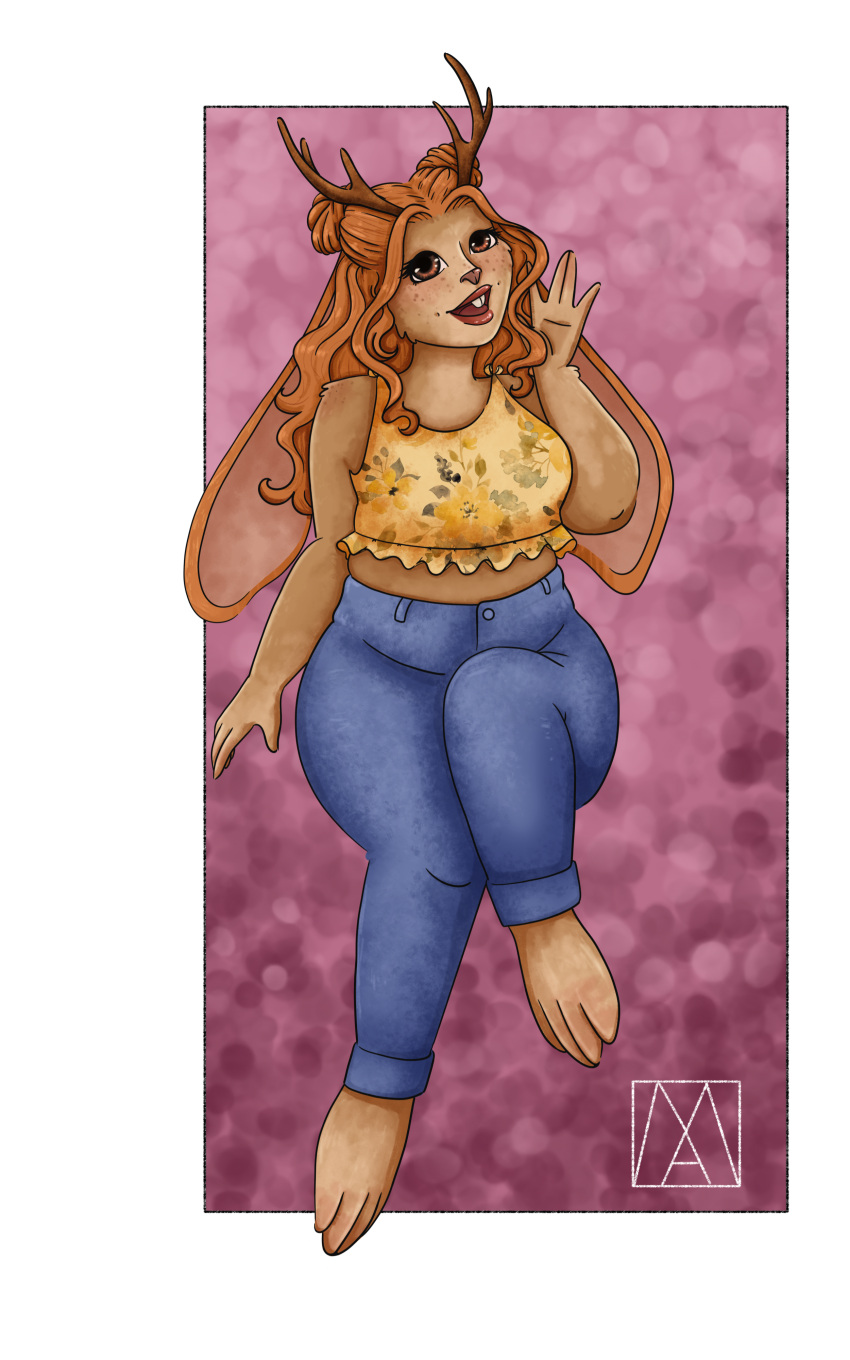 absurd_res animal_humanoid anthro antlers clothing crop_top female fur ginger hair hi_res horn humanoid jackalope jackalope_humanoid lagomorph lagomorph_humanoid mammal mammal_humanoid missmiaart orange_body orange_fur orange_hair plus_size shirt solo topwear