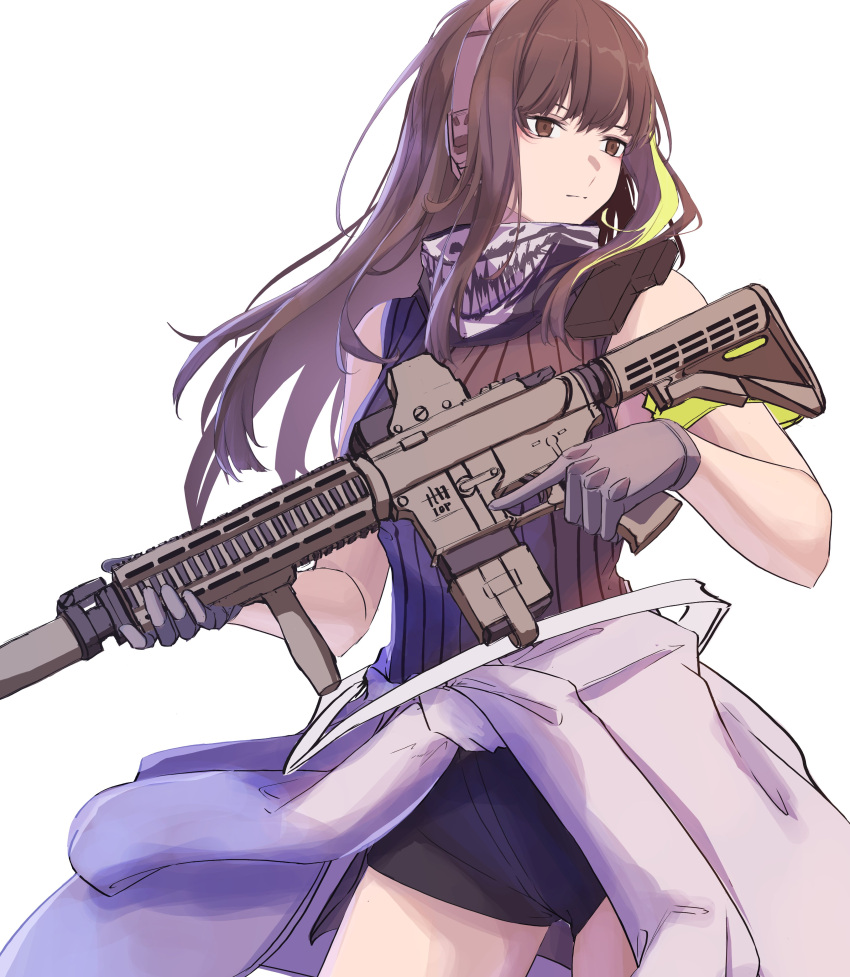 1girl 3_small_spiders absurdres assault_rifle bangs black_scarf black_shorts brown_eyes brown_hair brown_sweater_vest closed_mouth clothes_around_waist eyebrows_visible_through_hair feet_out_of_frame girls'_frontline gloves grey_gloves gun headphones headset highres holding holding_gun holding_weapon jacket jacket_around_waist long_hair looking_away m4_carbine m4a1_(girls'_frontline) multicolored_hair rifle scarf shorts solo standing sweater_vest walkie-talkie weapon white_background