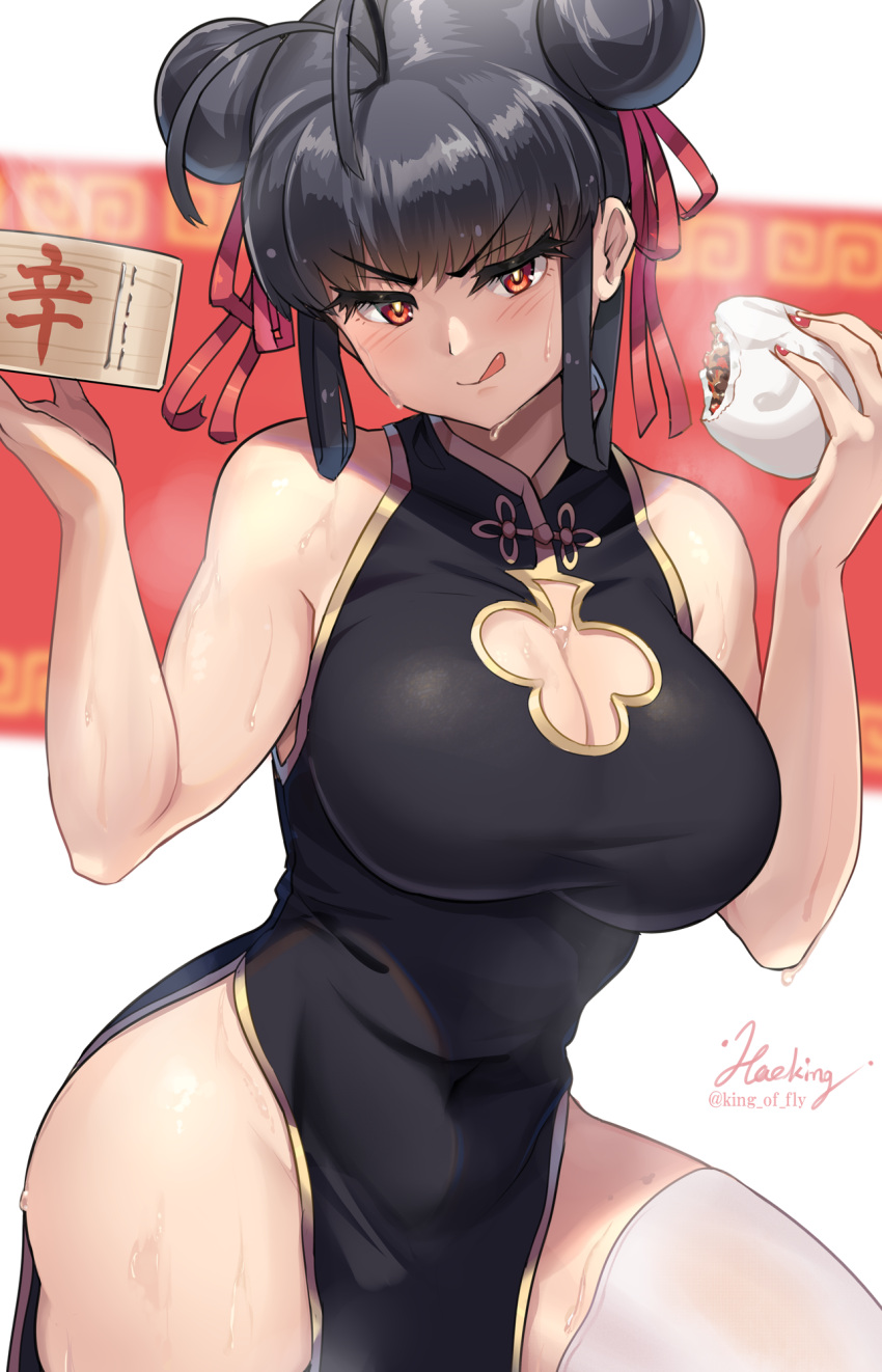 1girl baozi bare_shoulders black_hair blush breasts chinese_clothes cleavage cleavage_cutout clothing_cutout double_bun eating fingernails food hair_ribbon hawe_king highres holding holding_food looking_at_viewer original red_eyes red_nails ribbon signature steam sweat thick_thighs thighs tongue tongue_out witch