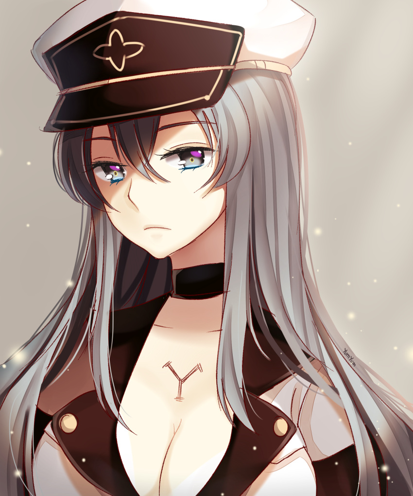 1girl absurdres akame_ga_kill! breasts cleavage esdeath hat highres large_breasts long_hair looking_at_viewer peaked_cap silver_background silver_hair simple_background solo yumyum