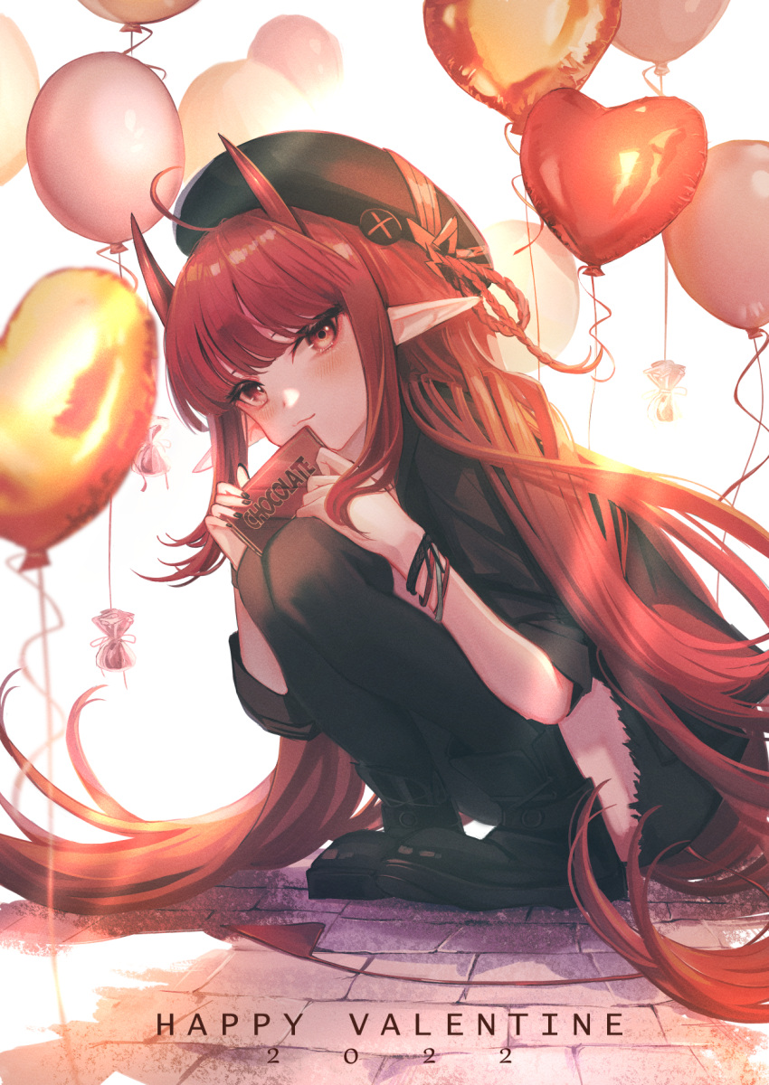 1girl 2022 arknights balloon beret black_footwear black_headwear black_jacket black_legwear black_nails boots closed_mouth commentary_request demon_horns full_body happy_valentine hat hemorina highres holding horns jacket knees_up long_hair nail_polish pointy_ears red_eyes red_hair short_sleeves smile solo squatting thighhighs valentine very_long_hair vigna_(arknights)