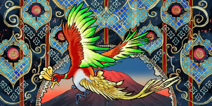 animal_focus bird commentary_request flying from_side full_body fusenryo highres ho-oh looking_to_the_side no_humans open_mouth pokemon pokemon_(creature) red_eyes solo