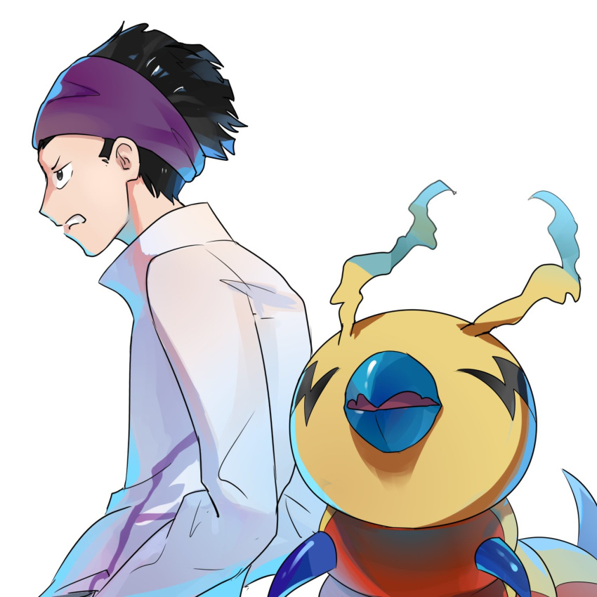 accessory arthropod bandai_namco black_hair digimon digimon_(species) digimon_survive duo eyeless feral hair headband hi_res human kcyan12 kunemon male mammal mandibles ryou_tominaga yellow_body