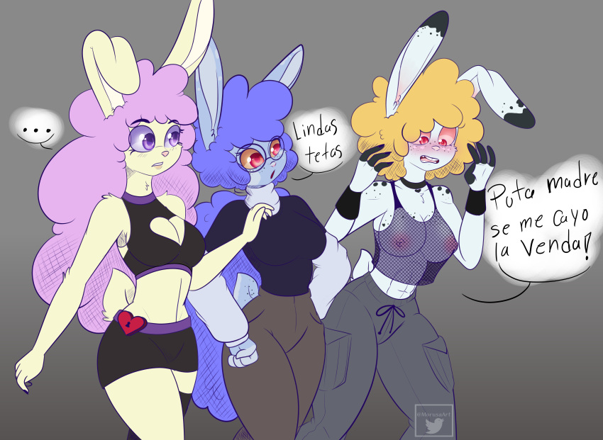 absurd_res animal_humanoid anthro blush breasts embarrassed female hi_res humanoid lagomorph lagomorph_humanoid leporid mammal mammal_humanoid morusaart muscle_tone nipples rabbit sibling sister sisters surprised_expression teporingo_(species) triplets