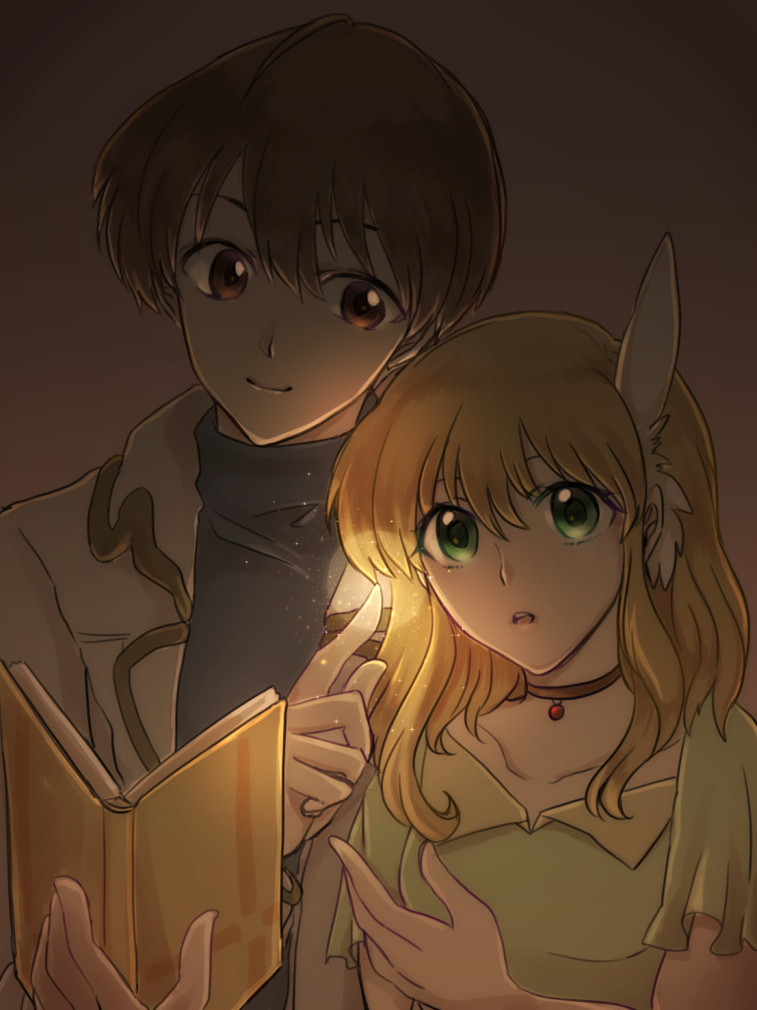 1boy 1girl bangs blonde_hair blue_shirt book brown_eyes brown_hair choker commentary_request fire_emblem fire_emblem:_thracia_776 green_eyes green_shirt grey_background hair_between_eyes highres holding holding_book jacket leif_(fire_emblem) looking_at_another nanna_(fire_emblem) open_clothes open_jacket parted_lips shirt short_hair short_sleeves smile upper_body white_jacket yuyu_(uca-lm)