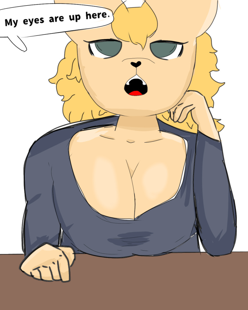 4:5 big_breasts blonde_hair bored bored_expression breasts canid canine cleavage clothed clothing dialogue female fennec feral fox green_eyes hair hi_res humanoid invalid_tag lewd_(disambiguation) mammal profdatdrawin1556 solo