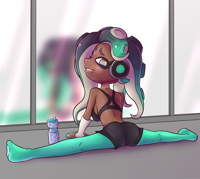 2017 animal_humanoid arm_warmers armwear beauty_mark breasts butt cephalopod cephalopod_humanoid clothing colormute exercise_clothing female flexible g-string hi_res humanoid marina_(splatoon) marine marine_humanoid markings mole_(marking) mollusk mollusk_humanoid nintendo octarian octoling pseudo_hair rear_view reflection side_boob solo splatoon splits spread_legs spreading underwear video_games water_bottle