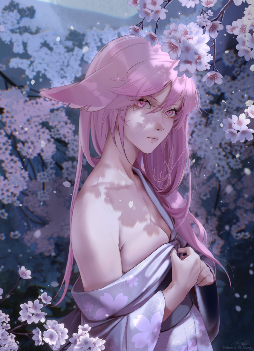 1girl animal_ears breasts cherry_blossoms cleavage fox_ears genshin_impact highres japanese_clothes kimono large_breasts long_hair low-tied_long_hair m_alexa miko pink_hair priestess purple_eyes shadow solo upper_body yae_miko