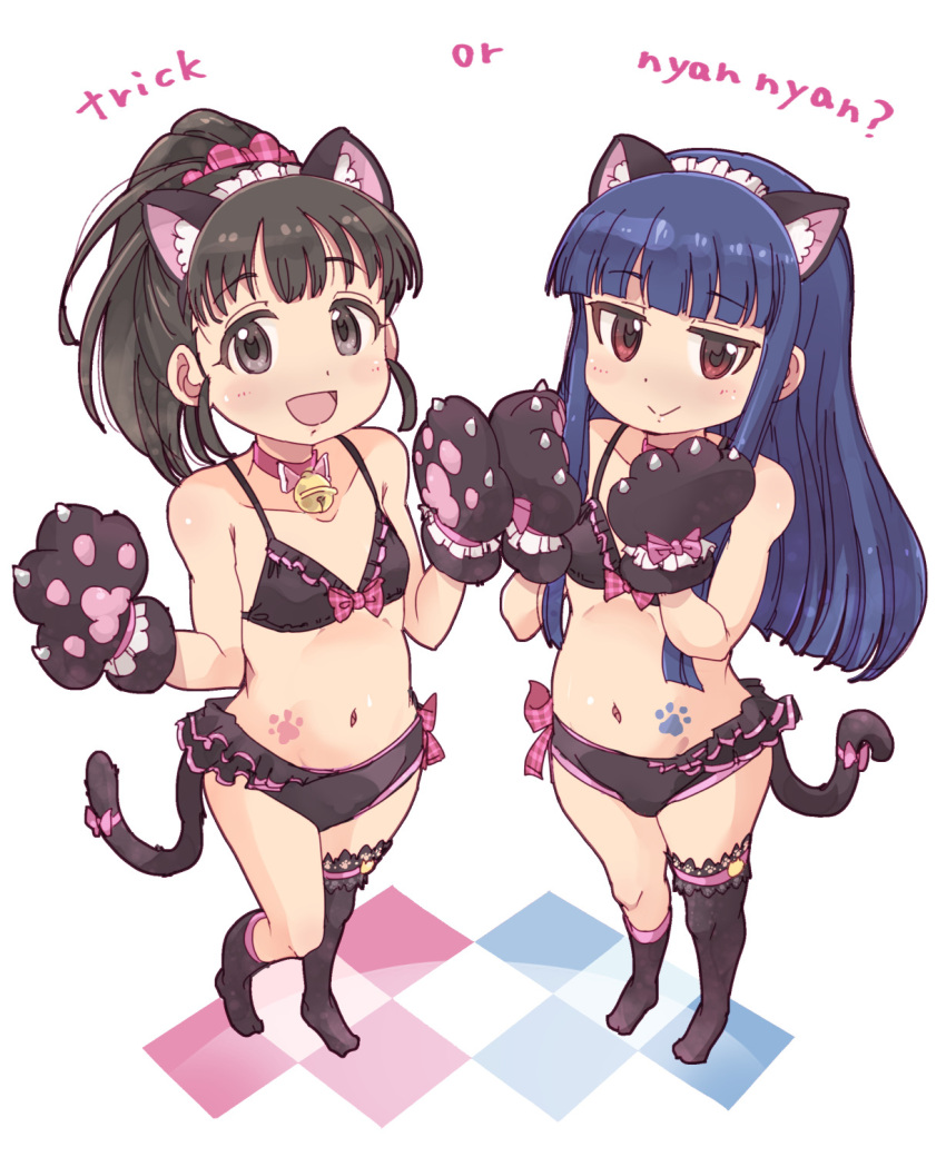 2girls 4040_(abonriya) :&gt; animal_ears animal_hands asymmetrical_legwear bangs bell bikini black_bikini black_eyes black_hair black_legwear blue_hair blunt_bangs blush bow cat_ears cat_tail english_text eyebrows_visible_through_hair fake_animal_ears fake_tail flat_chest frills from_above fukuyama_mai gloves hair_ornament hair_scrunchie halloween highres hime_cut idolmaster idolmaster_cinderella_girls long_hair looking_at_viewer maid_headdress mismatched_legwear multiple_girls navel neck_bell open_mouth paw_gloves paw_print ponytail sajo_yukimi scrunchie sidelocks simple_background smile straight_hair swimsuit tail thighhighs white_background