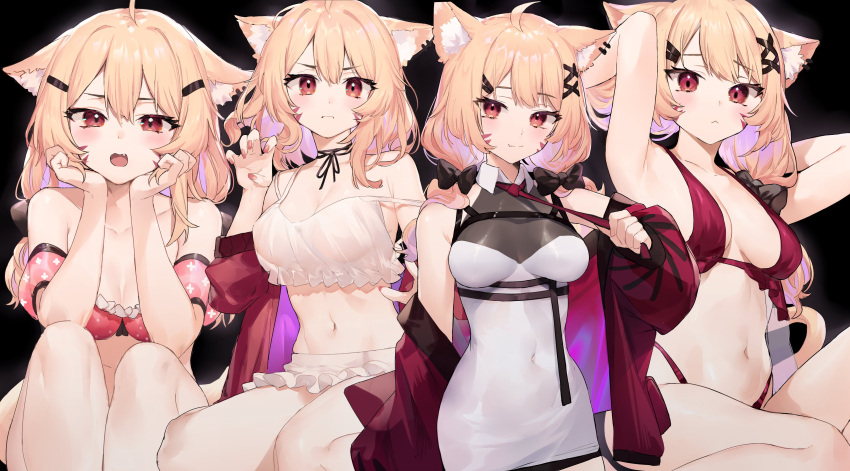 1girl absurdres ahoge animal_ears armpits arms_up bare_shoulders bikini black_choker blonde_hair breasts camisole cat_ears cat_girl cat_tail choker claw_pose cleavage covered_navel crop_top detached_sleeves dress facial_mark fang frilled_bikini frills halterneck hands_up highleg highleg_bikini highres jacket long_hair looking_at_viewer medium_breasts midriff multiple_views navel neonbeat off_shoulder open_clothes open_jacket open_mouth red_bikini red_eyes red_jacket shirt short_dress short_shorts shorts shyrei_faolan sleeveless sleeveless_dress sleeveless_shirt smile spaghetti_strap stomach strap_slip swimsuit tail thighs v-shaped_eyebrows vyugen white_dress white_shorts