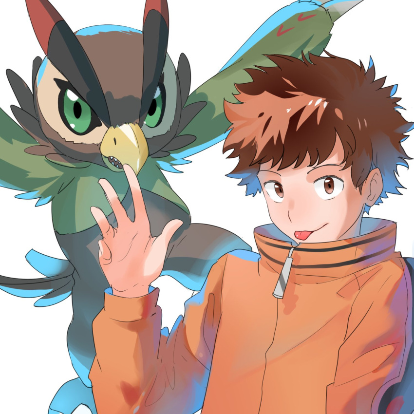 1:1 anthro bandai_namco beak brown_body brown_feathers brown_hair clothing digimon digimon_(species) digimon_survive duo falcomon feathers green_eyes hair hi_res human jacket kcyan12 male mammal minoru_hyuga tongue tongue_out topwear wings