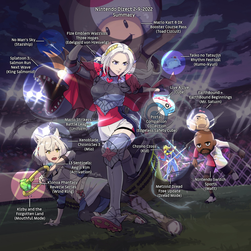 3girls alternate_costume alternate_hairstyle animal_ears armor ass ball bangs black_legwear blonde_hair blush breastplate breasts cape cat_ears chest_jewel collarbone doseisan edelgard_von_hresvelg fire_emblem fire_emblem:_three_houses fire_emblem_warriors:_three_hopes hair_ornament hair_ribbon highres jacket jewelry kaze_no_klonoa kirby_(series) long_hair mario_(series) metroid metroid_dread mii_(nintendo) mio_(xenoblade) mother_(game) multiple_girls no_man's_sky official_alternate_costume open_mouth pantyhose playing_sports purple_eyes red_cape ribbon ring samus_aran short_hair shorts simple_background skirt small_breasts smile soccer soccer_ball soccer_uniform splatoon_(series) splatoon_3 sport sportswear stup-jam taiko_no_tatsujin tank_top toad_(mario) white_hair white_jacket white_skirt white_tank_top xenoblade_chronicles_(series) xenoblade_chronicles_3 yellow_eyes zero_suit