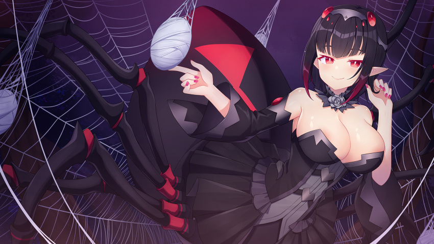 1girl amemiya_ruki arachne areola_slip areolae arthropod_girl bangs bare_shoulders black_dress black_hair breasts chinese_commentary commentary_request detached_sleeves dress gradient_hair highres large_breasts long_sleeves looking_at_viewer monster_girl multicolored_hair nail_polish original pink_nails pointy_ears red_eyes red_hair short_hair silk slit_pupils smile solo spider_girl spider_web taur wide_sleeves