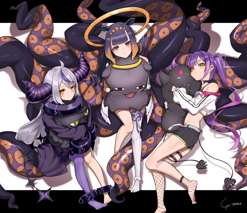 3girls :d absurdres ahoge ascot asymmetrical_legwear bangs bare_shoulders baseball_cap belt bibi_(tokoyami_towa) bird black_choker black_dress black_footwear black_gloves black_horns black_shirt black_shorts blue_eyes blush breasts choker claw_pose collar commentary commentary_request cropped_jacket crow_(la+_darknesss) demon_girl demon_horns demon_tail detached_sleeves doll_hug dress ear_piercing eyebrows_visible_through_hair eyelashes fake_horns fishnet_legwear fishnets flat_chest full_body gloves green_eyes grin hair_between_eyes hair_ornament hairclip halo halter_top halterneck hat heart heart_tattoo highres hololive hololive_english horned_headwear horns jacket la+_darknesss leg_tattoo long_hair long_sleeves looking_at_viewer mascot medium_breasts metal_collar midriff multicolored_hair multicolored_nails multiple_girls multiple_views ninomae_ina'nis o-ring o-ring_choker object_hug open_hands piercing pink_hair platform_footwear pointy_ears purple_hair purple_legwear purple_nails shirt shoes short_shorts shorts silver_hair single_detached_sleeve single_leg_pantyhose single_thighhigh sitting sleeves_past_fingers sleeves_past_wrists smile solo squatting strapless strapless_dress streaked_hair stuffed_animal stuffed_toy tail tail_ornament tail_piercing tako_(ninomae_ina'nis) tattoo teeth tentacle_hair tentacles thighhighs thighs tokoyami_towa twintails two-tone_hair v-shaped_eyebrows very_long_hair virtual_youtuber white_belt white_jacket yellow_ascot yellow_eyes yo_na