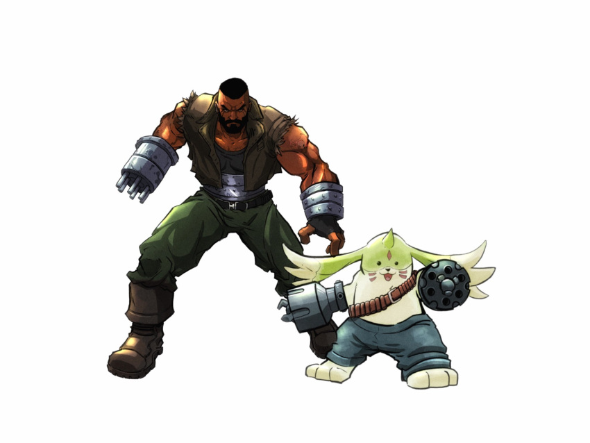 ammo_belt anthro bandai_namco barret_wallace bottomwear clothing denim denim_clothing digimon digimon_(species) duo final_fantasy final_fantasy_vii gargomon gun_arm hi_res human jeans long_ears male mammal muscular muscular_anthro muscular_male pants square_enix steven_purifoy video_games