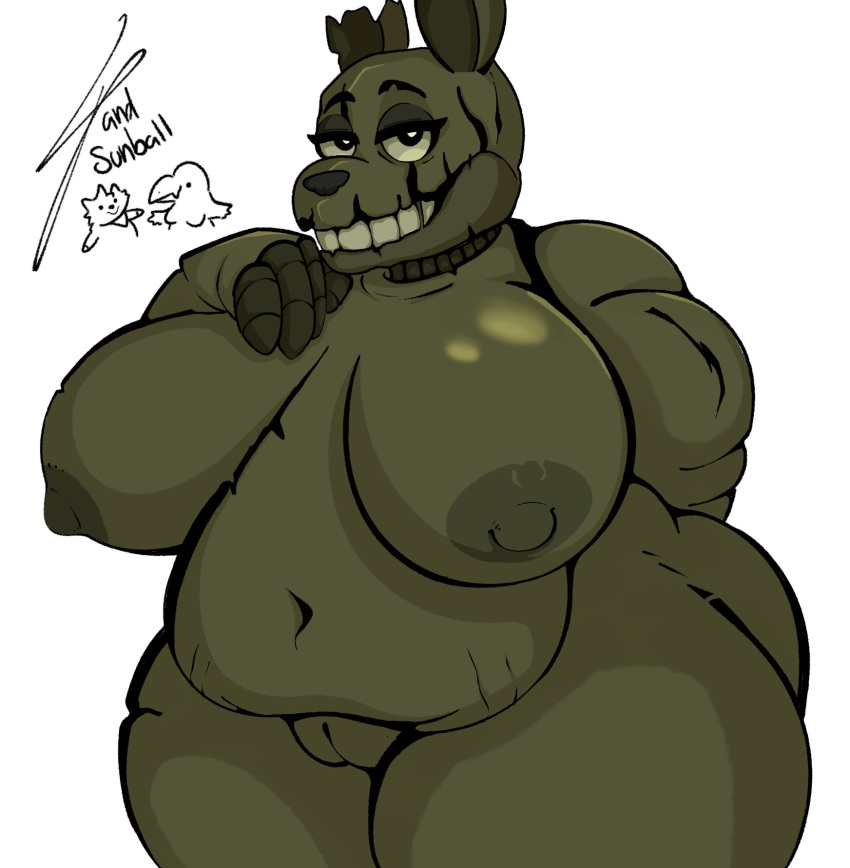 1:1 animatronic anthro belly big_butt breasts butt crossgender curvy_figure digital_media_(artwork) eye_moisturizer female five_nights_at_freddy's five_nights_at_freddy's_3 hi_res huge_butt lagomorph leporid looking_at_viewer machine mammal nipples nude overweight overweight_anthro overweight_female rabbit robot scottgames simple_background smile solo springtrap_(fnaf) themoonball thick_thighs video_games wide_hips