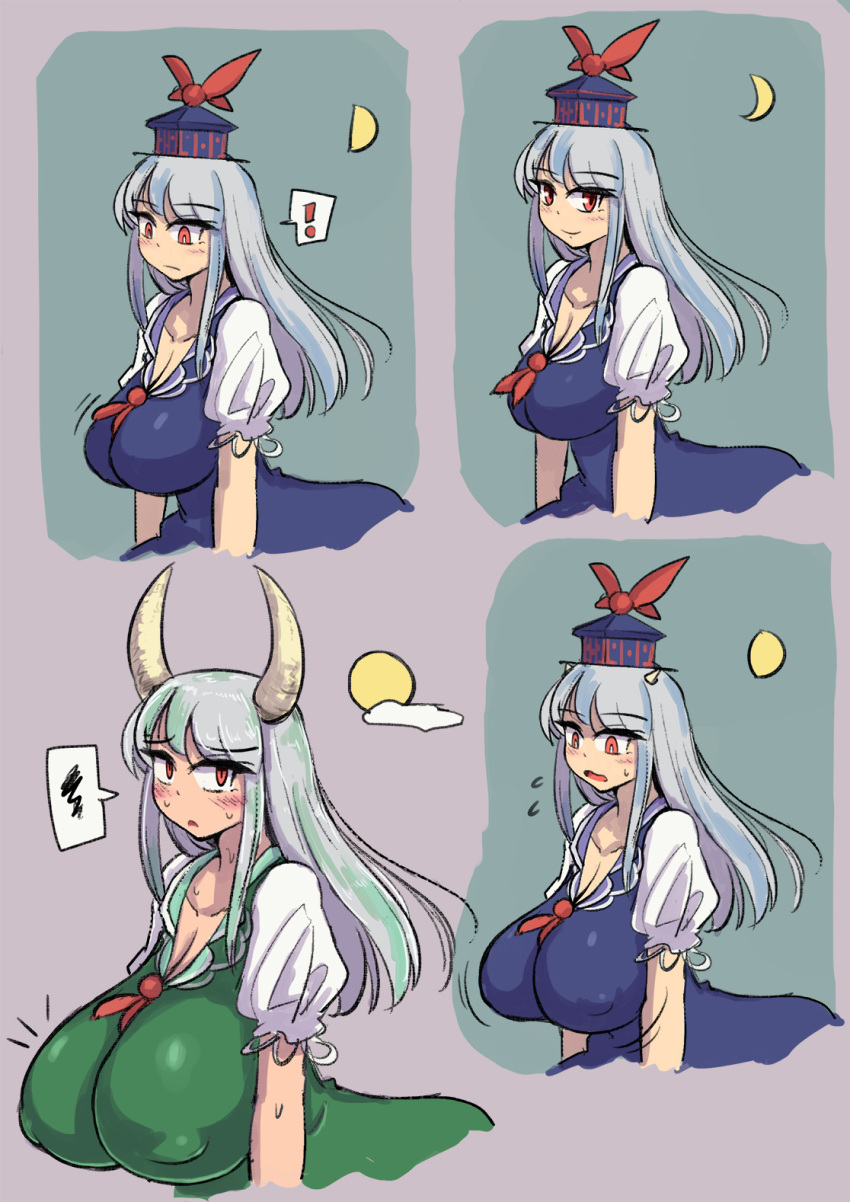 bangs blue_dress blue_hair breast_expansion breasts collared_dress dress enajii ex-keine green_dress green_hair highres horn_ornament horn_ribbon horns kamishirasawa_keine large_breasts long_hair multicolored_hair neckerchief puffy_short_sleeves puffy_sleeves red_eyes red_neckwear ribbon short_sleeves sidelocks silver_hair skirt touhou two-tone_hair white_skirt