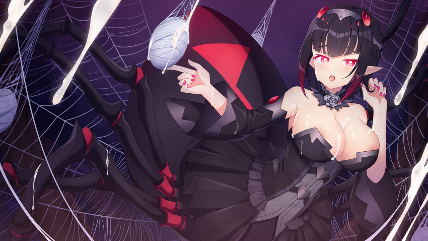 1girl amemiya_ruki arachne areola_slip areolae arthropod_girl bangs bare_shoulders black_dress black_hair breasts chinese_commentary commentary_request cum cum_on_body detached_sleeves dress gradient_hair heart heart-shaped_pupils highres large_breasts long_sleeves looking_at_viewer monster_girl multicolored_hair nail_polish open_mouth original pink_nails pointy_ears red_eyes red_hair short_hair silk solo spider_girl spider_web symbol-shaped_pupils taur tongue wide_sleeves