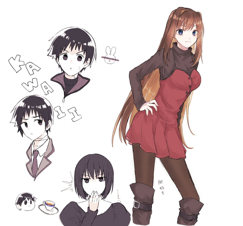 1boy 2girls :x aozaki_aoko bangs black_eyes black_hair black_sweater blue_eyes brown_hair brown_legwear buttons chibi closed_mouth cup dress eyebrows_visible_through_hair habit hair_between_eyes hair_intakes hand_on_hip hand_on_own_face highres juliet_sleeves kuonji_alice long_hair long_sleeves looking_at_viewer mahou_tsukai_no_yoru multiple_girls necktie pantyhose plate puffy_sleeves red_dress shizuki_soujuurou short_hair simple_background sweatdrop sweater tea teacup turtleneck turtleneck_sweater very_long_hair white_background yu_ioyui