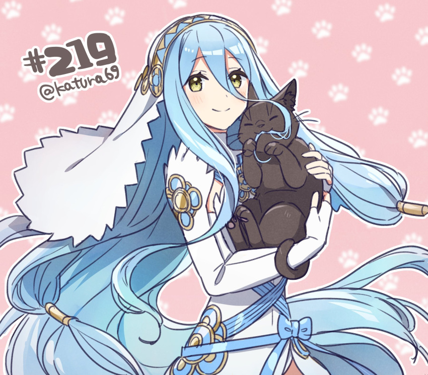 1girl animal aqua_hair azura_(fire_emblem) bangs blue_ribbon cat detached_sleeves dress eating_hair eyebrows_visible_through_hair fire_emblem fire_emblem_fates fire_emblem_heroes hair_between_eyes hair_ornament hair_tubes highres holding holding_animal holding_cat juria0801 long_hair looking_at_viewer ribbon smile twitter_username upper_body very_long_hair white_dress white_headwear white_veil yellow_eyes