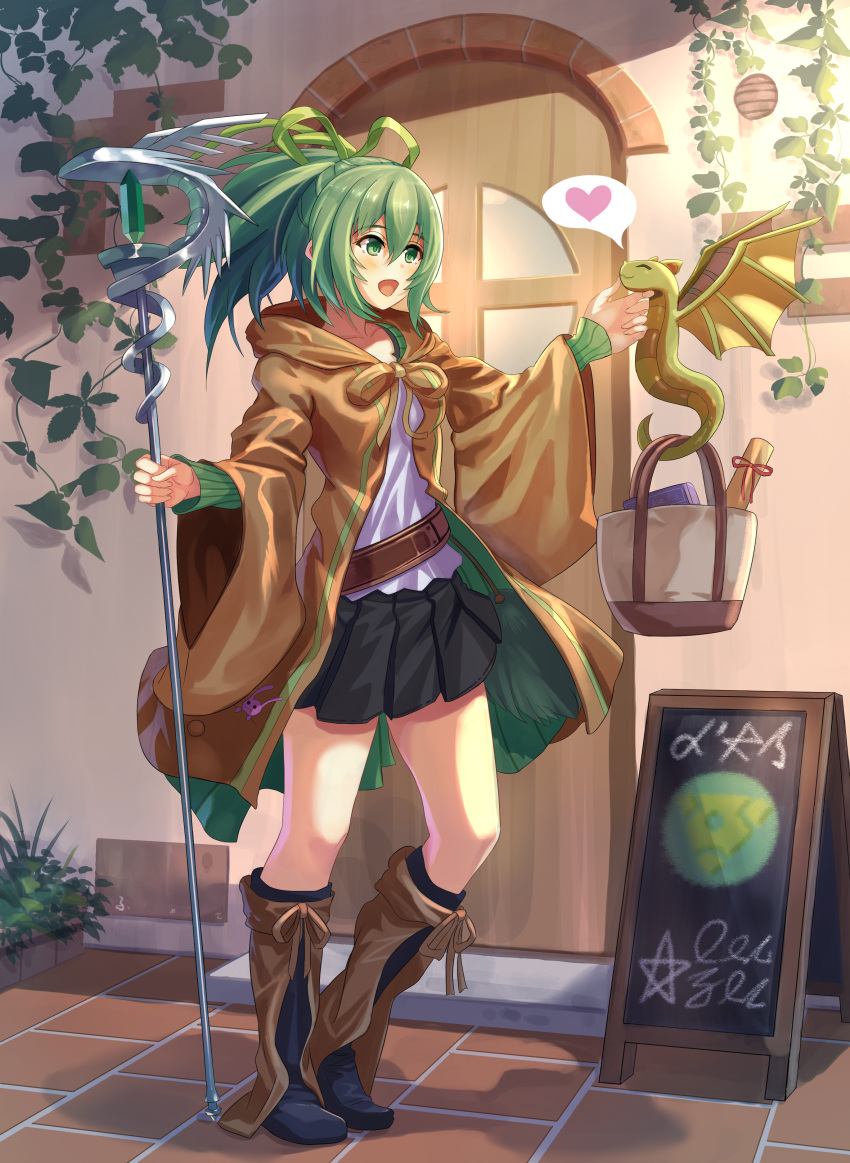 1girl absurdres blush bow breasts brown_robe closed_eyes crystal dragon duel_monster eyebrows_visible_through_hair green_bow green_eyes green_hair heart highres medium_breasts open_mouth outdoors petit_dragon ponytail seiyagasa solo speech_bubble staff stuffed_toy wynn_the_wind_charmer yu-gi-oh!