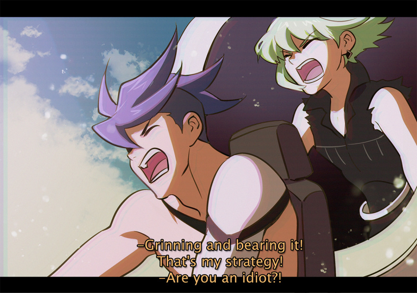 2boys 302 anime_coloring blue_hair cockpit fake_screenshot galo_thymos green_hair letterboxed lio_fotia male_focus mecha multiple_boys promare shirt spiked_hair subtitled torn_clothes torn_shirt vest vhs_artifacts