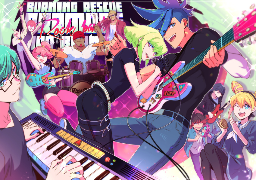 302 3girls 6+boys aina_ardebit band blue_hair cymbals drum drum_set drumsticks electric_guitar galo_thymos green_hair gueira guitar heris_ardebit ignis_ex instrument keyboard_(instrument) lio_fotia lucia_fex male_focus meis_(promare) microphone_stand multiple_boys multiple_girls music pink_hair playing_instrument promare purple_eyes remi_puguna synthesizer tambourine varys_truss