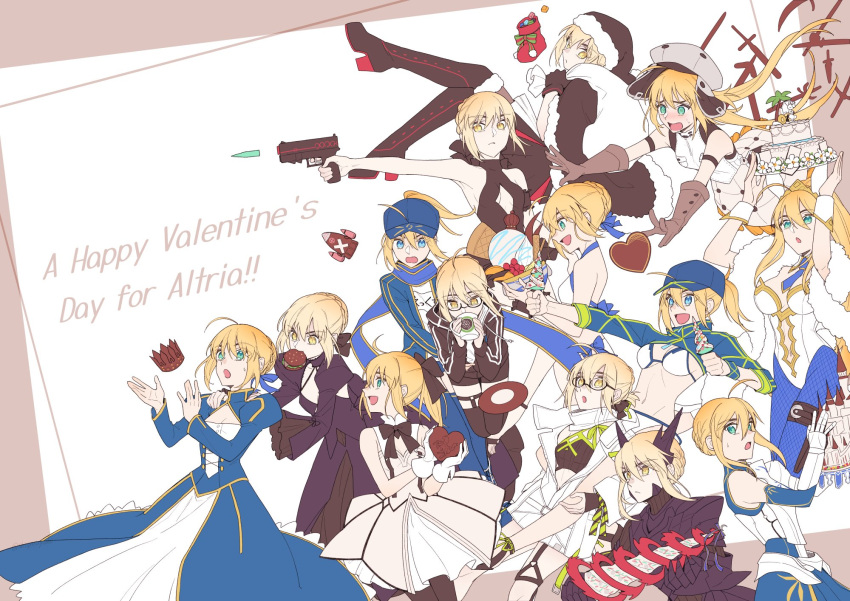 6+girls :&lt; :o ahoge animal_ears armor artoria_pendragon_(alter_swimsuit_rider)_(fate) artoria_pendragon_(caster)_(fate) artoria_pendragon_(fate) artoria_pendragon_(lancer)_(fate) artoria_pendragon_(lancer_alter)_(fate) artoria_pendragon_(swimsuit_archer)_(fate) artoria_pendragon_(swimsuit_ruler)_(fate) bangs bare_shoulders baseball_cap bikini black-framed_eyewear black_armor black_bow black_capelet black_dress black_gloves black_headwear black_jacket black_legwear black_shorts black_swimsuit blonde_hair blue_buruma blue_dress blue_eyes blue_headwear blue_jacket blue_legwear blue_necktie blue_ribbon blue_scarf blush bow bowtie braid breastplate breasts buruma cake candy capelet chocolate closed_mouth commentary_request cropped_jacket cup detached_collar detached_sleeves dress drinking english_text eyebrows_visible_through_hair fake_animal_ears falling fate/grand_order fate/stay_night fate_(series) fishnet_legwear fishnets food food_in_mouth french_braid fur-trimmed_capelet fur_trim gauntlets glasses gloves green_eyes grey_gloves grey_headwear gun gym_uniform hair_between_eyes hair_bow hair_ornament hair_ribbon happy_valentine hat heart heart-shaped_chocolate highres holding holding_chocolate holding_cup holding_food holding_gun holding_sack holding_weapon ice_cream jacket jewelry juliet_sleeves leotard long_hair long_sleeves looking_at_another looking_away medium_breasts mouth_hold mug multiple_girls multiple_persona mysterious_heroine_x_(alter)_(fate) mysterious_heroine_x_(fate) mysterious_heroine_xx_(fate) mysterious_idol_x_(alter)_(fate) necktie open_clothes open_jacket open_mouth pantyhose platinum_blonde_hair playboy_bunny ponytail puffy_sleeves rabbit_ears ribbon saber saber_alter saber_lily sack santa_alter santa_costume santa_hat scarf shayubi shirt short_hair short_shorts shorts sidelocks sleeveless sleeveless_dress small_breasts smile strapless strapless_leotard sweatdrop swimsuit tiara twintails valentine very_long_hair weapon white_bikini white_dress white_jacket white_leotard white_shirt white_swimsuit wrist_cuffs yellow_eyes