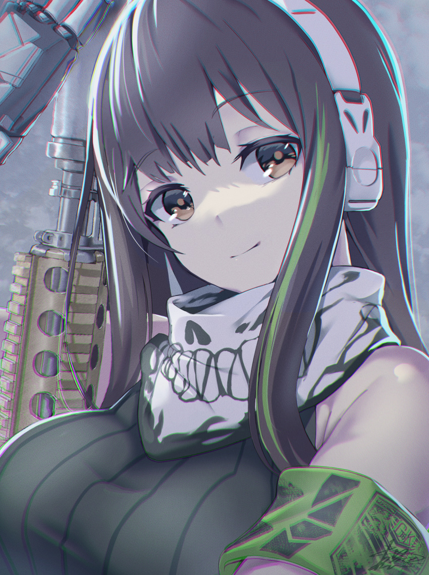 1girl absurdres armband assault_rifle bandana bangs bare_shoulders black_sweater breasts brown_hair chromatic_aberration girls'_frontline grifon_&amp;_kryuger gun head_tilt headphones highres kagami_(haret46) large_breasts long_hair looking_at_viewer m4_carbine m4a1_(girls'_frontline) multicolored_hair rifle sleeveless sleeveless_sweater smile solo streaked_hair sweater upper_body weapon yellow_eyes