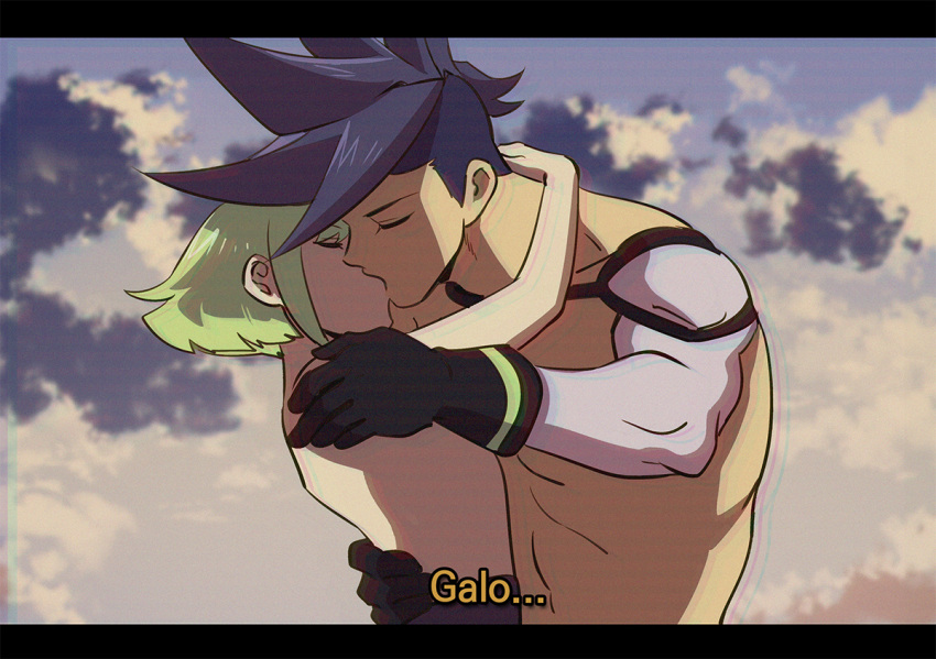 2boys 302 anime_coloring blue_hair chromatic_aberration fake_screenshot galo_thymos green_hair kiss letterboxed lio_fotia male_focus multiple_boys promare sky spiked_hair subtitled topless_male vhs_artifacts yaoi