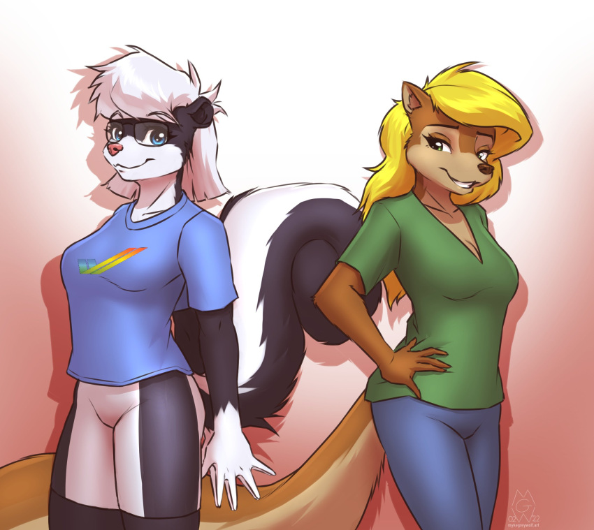 amy_squirrel blonde_hair blue_eyes bottomwear clothing duo eyewear glasses green_eyes hair hi_res mammal mephitid messy_hair mykegreywolf rodent sabrina_(sabrina_online) sabrina_online sciurid shorts skunk webcomic white_hair