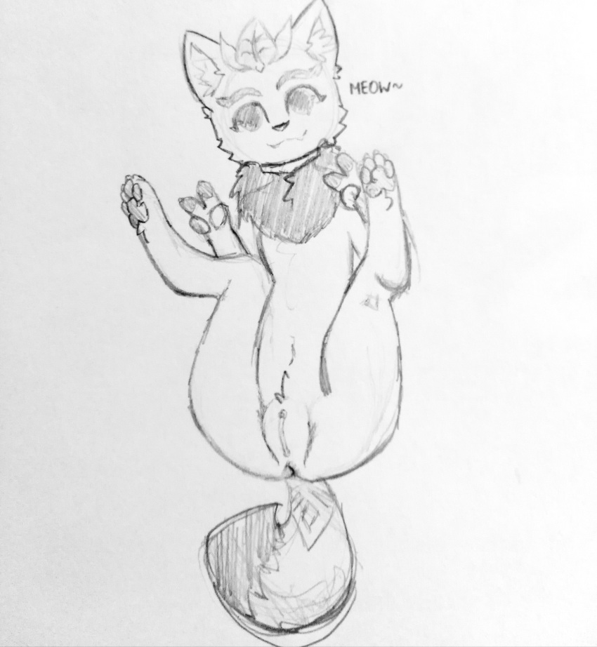 absurd_res anthro butt collar domestic_cat ears_up eyebrows feet felid feline felis female fluffy fluffy_ears fluffy_tail fur genitals glu_(artist) hi_res leaf league_of_legends legs_up looking_at_viewer lying mammal meowing monochrome neck_tuft on_back pawpads paws pussy riot_games smile solo solo_focus spread_legs spreading tuft video_games yuumi_(lol)