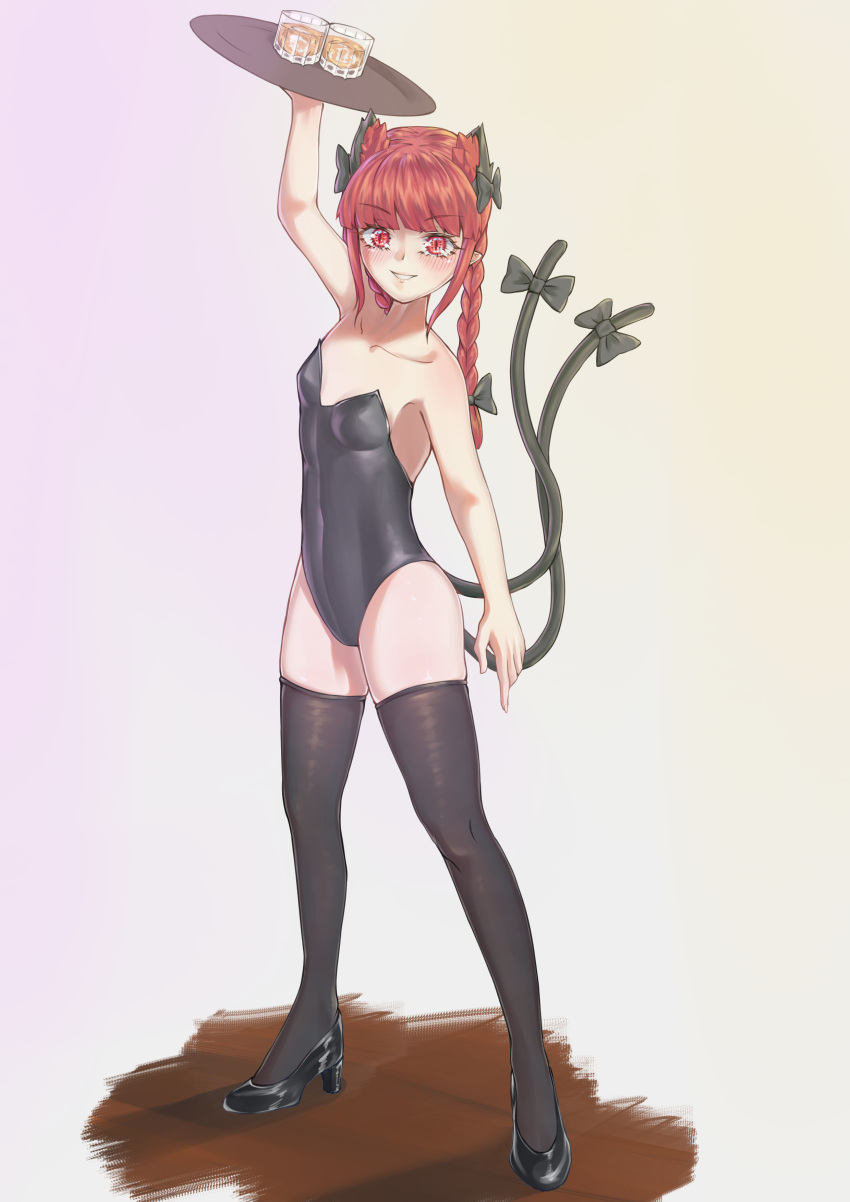 1girl absurdres alternate_costume animal_ear_fluff animal_ears arm_above_head arm_up bangs bare_shoulders black_bow black_footwear black_legwear black_leotard blunt_bangs blush bow braid breasts cat_ears cat_tail commentary_request covered_navel extra_ears eyebrows_visible_through_hair full_body gradient gradient_background hair_bow hair_ribbon high_heels highres holding holding_tray kaenbyou_rin leotard littiecy long_hair looking_at_viewer multiple_tails nekomata parted_lips playboy_bunny pointy_ears red_eyes red_hair ribbon simple_background small_breasts smile solo standing strapless strapless_leotard tail tail_bow tail_ornament teeth thighhighs touhou tray tress_ribbon twin_braids twintails two_tails white_background